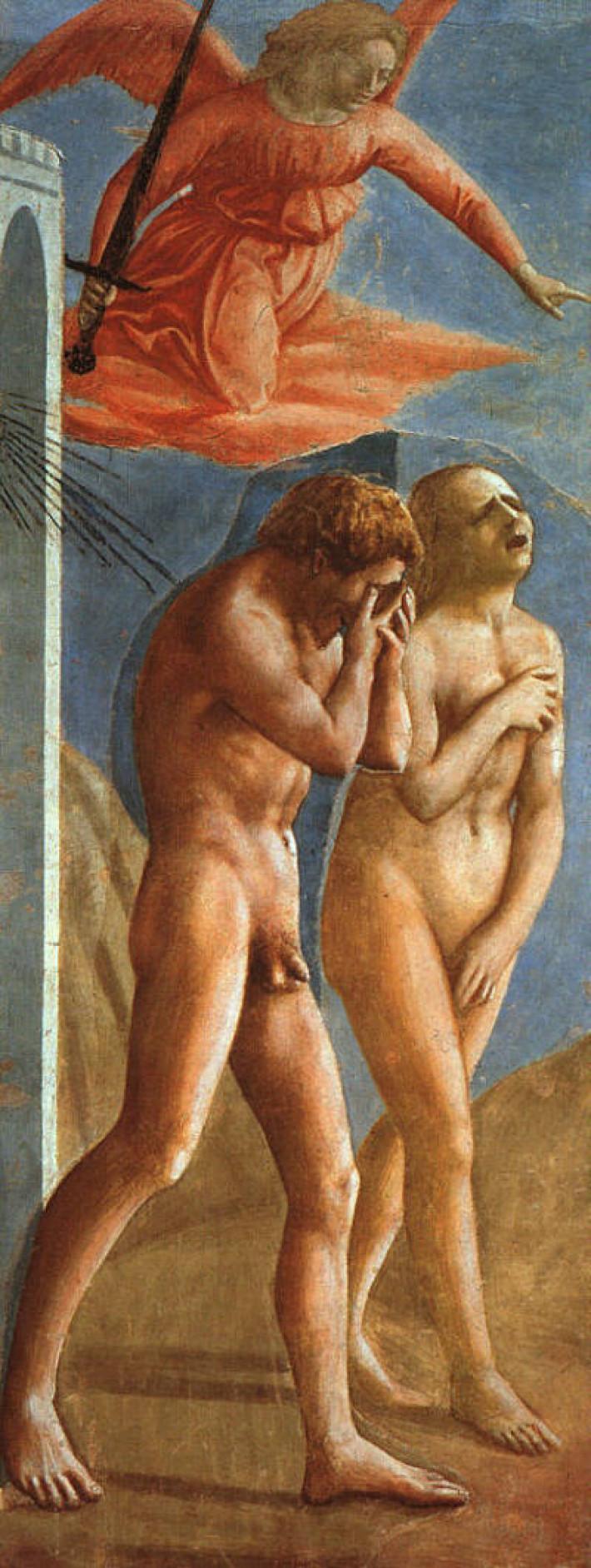 Masaccio (1401-1428), De verdrijving van Adam en Eva uit de Hof van Eden, 1426-28, fresco,  208 x 88 cm, Brancaccikapel, Santa Maria del Carmine, Florence