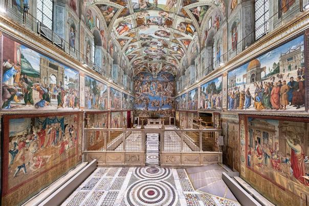 The Raphael tapestries hanging in the Sistine Chapel, Rome.
